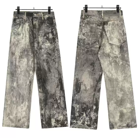 C Style Series 3D Digital Printing Mud-Dyed Splash-Ink American Style Slightly Flared Loose Men's and Women's Jeans Straight Pants