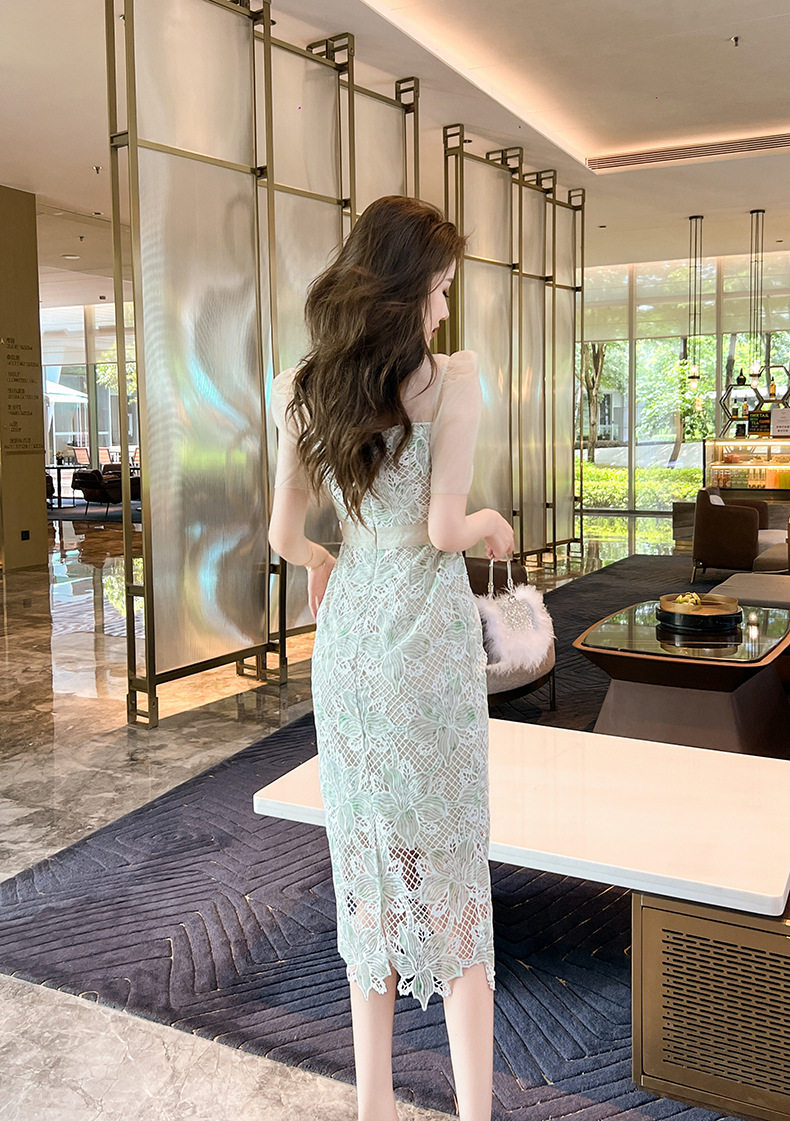 Đầm ren dài tay phong cách Pháp cổ vuông ôm sát — [Xanh lá] chi tiết 14