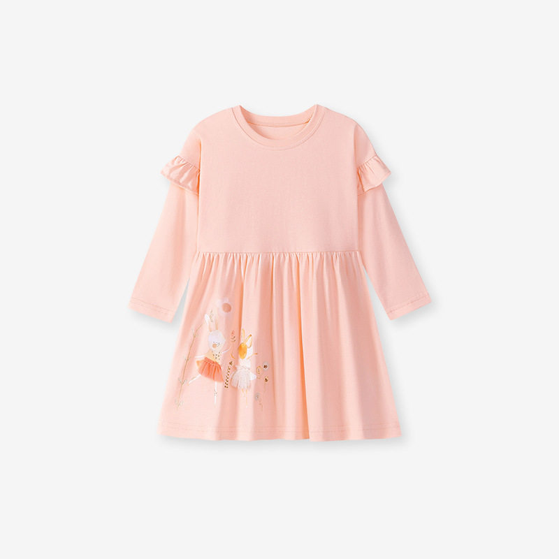 Source Factory Girls' Skirt Wholesale, Autumn Ruffle Sleeve Kids' Dress, Cartoon Heat Transfer Cotton Kids' Dress