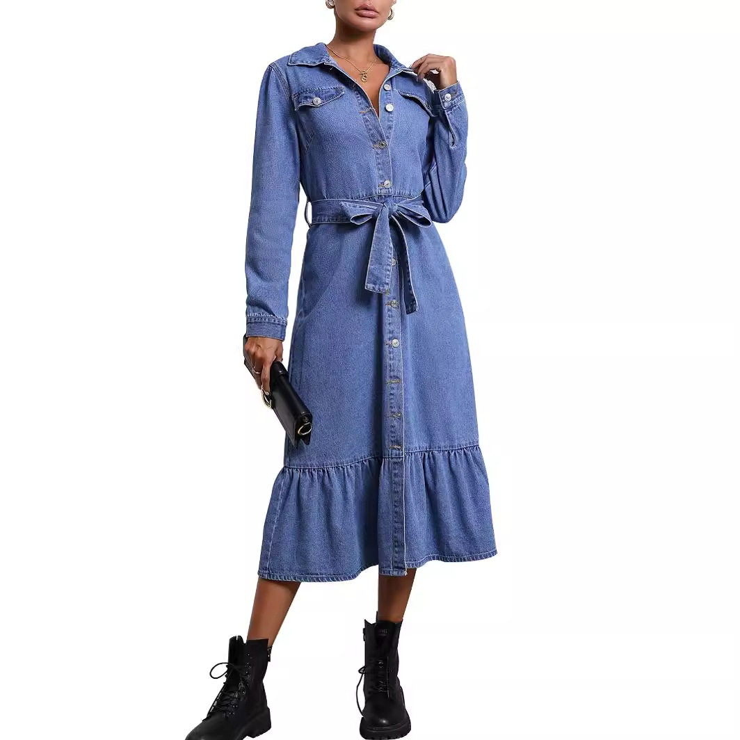 Vintage Denim Long Sleeve Dress for Women Slim Fit Waist Defining Casual Style Perfect for Spring and Summer