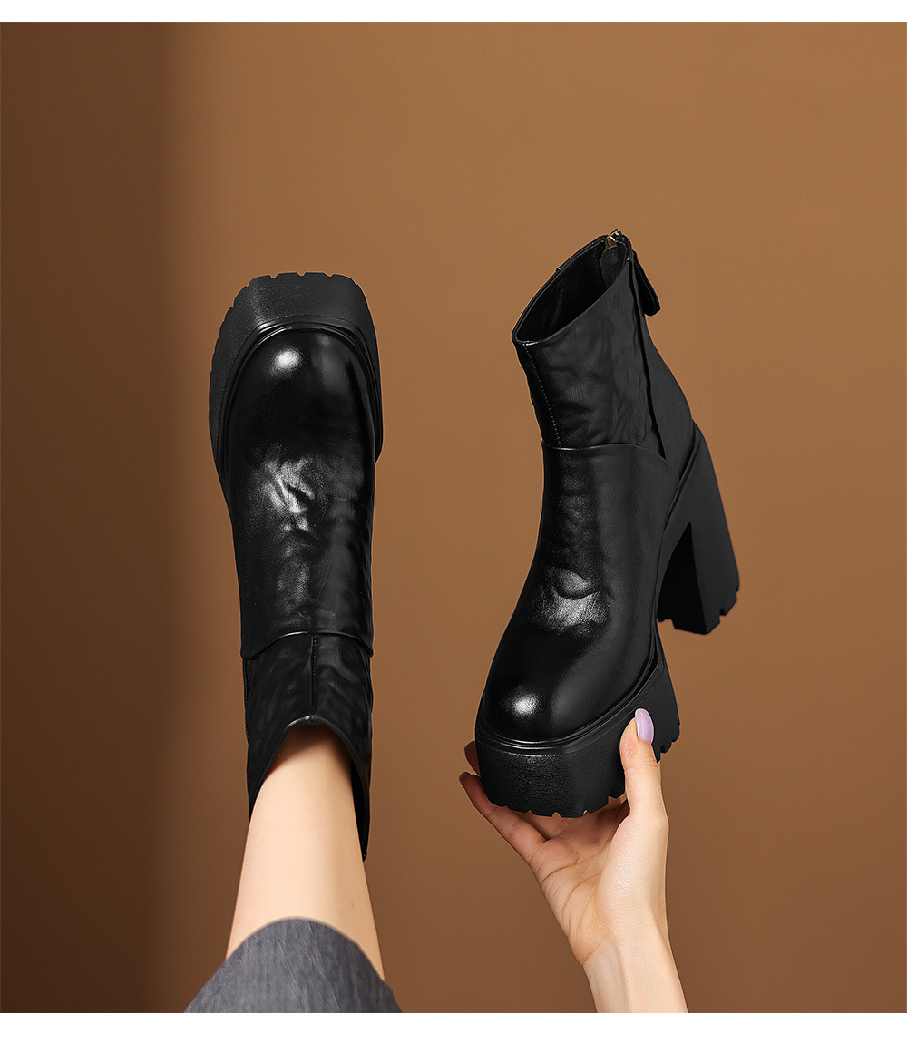 Boot Martin nữ gót thô 12cm đế platform tăng chiều cao, da bò thật — Lớp lót đơn màu đen, Lớp lót đơn màu nâu, Lót nhung đen, Lót nhung màu nâu