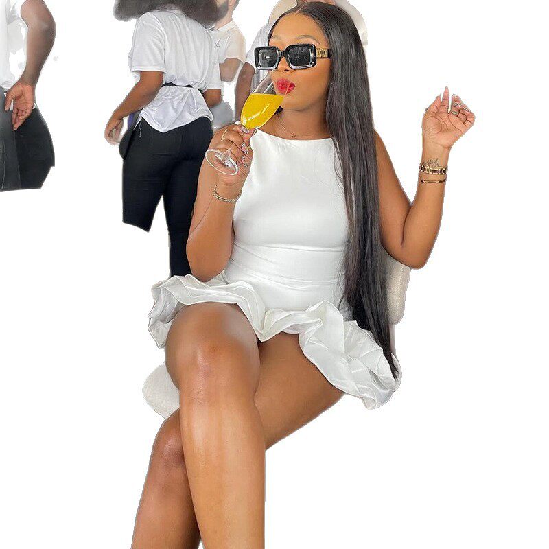 Casual Short Sleeve Dress Solid Color Pleated Slim Fit Elegant Style for Parties or Daily Wear Wholesale Available