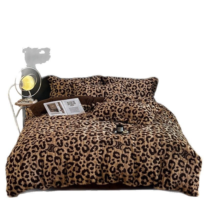 Leopard Print Rabbit Plush Four-Piece Set Thickened Warm Milk Velvet Bedding Set Machine Washable Bedding Wholesale Cross-Border Dropshipping