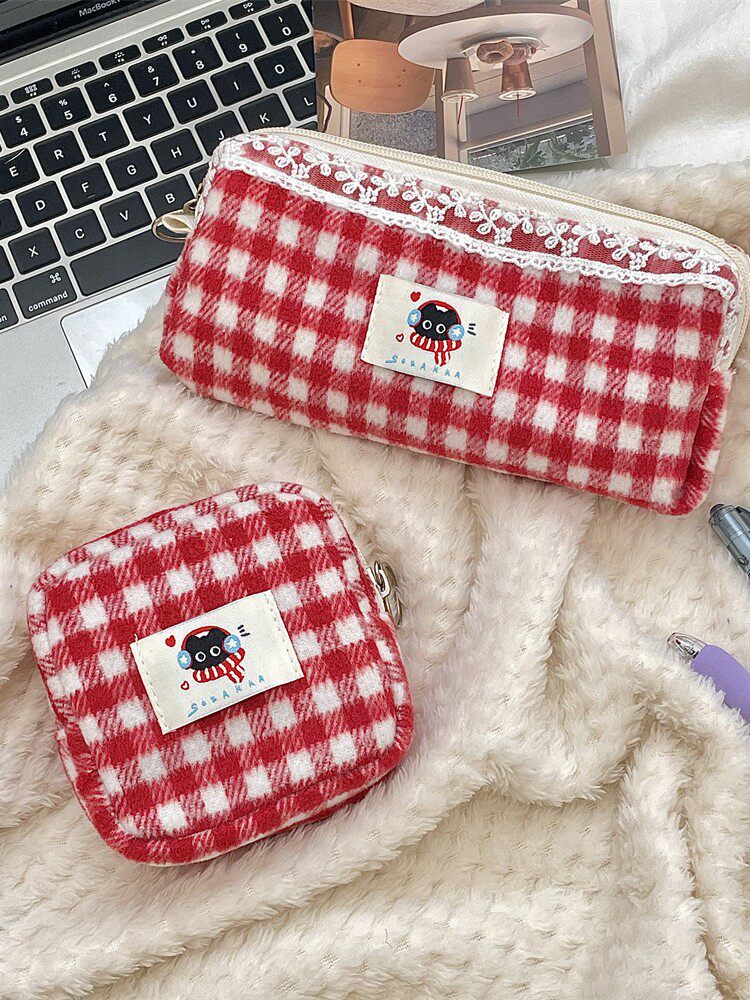 5222 New Knitted Cherry Plaid Student Stationery Pencil Bag Multifunctional Storage Cosmetic Bag Portable Sanitary Bag