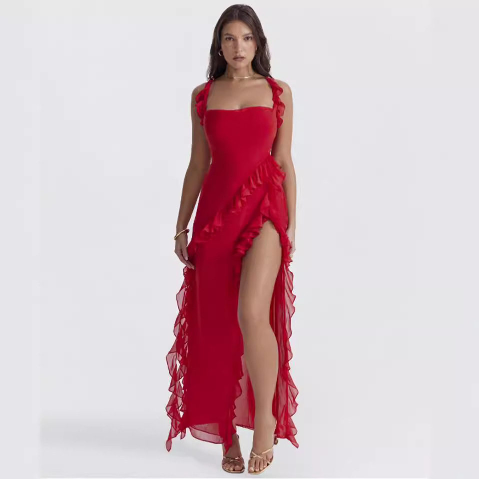 Womens Elegant Split Hem Dress Ruffle Trim Fashionable Sexy Autumn Collection Wholesale Available