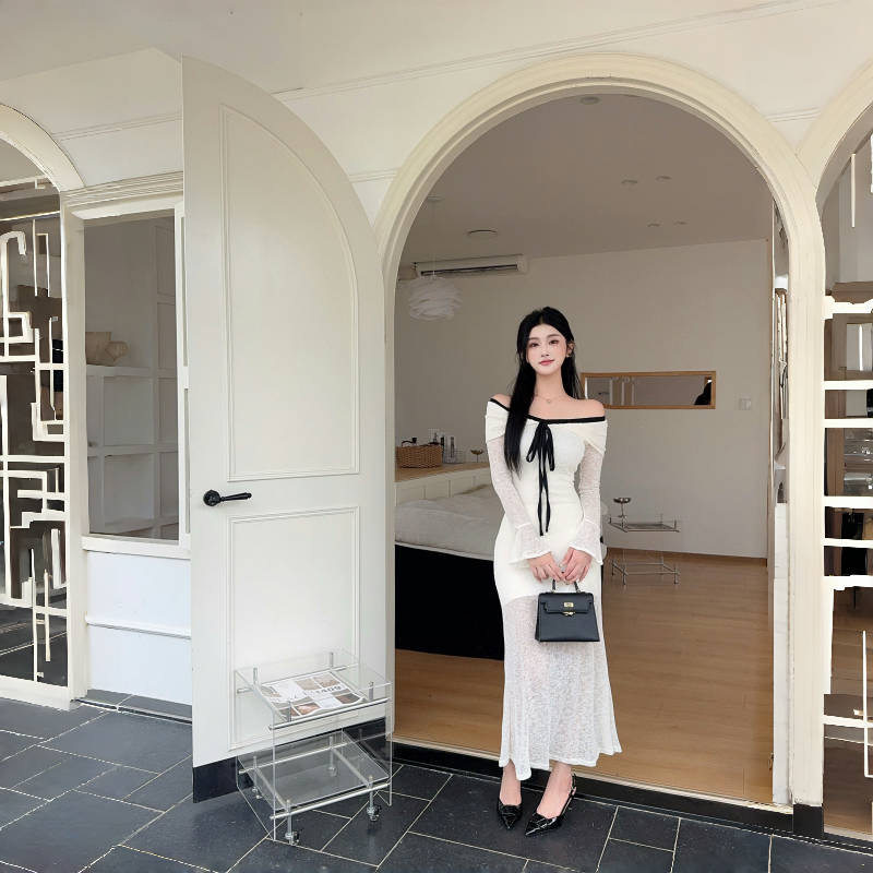 Off Shoulder Dress French Style Romantic Atmosphere Flared Sleeves Color Block Waist Defining Perfect for Evening