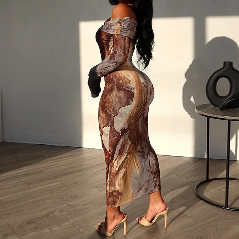 Vintage Floral Print Off Shoulder Long Sleeve Bodycon Dress Double Layer Collar Sexy Fit Perfect for Parties and Events