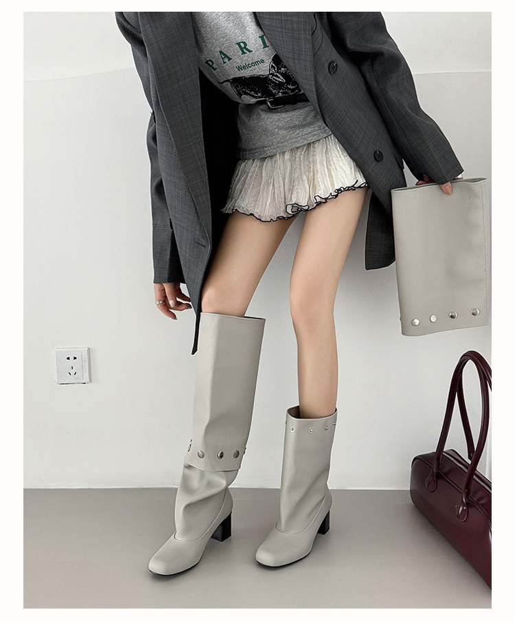 Boot nữ cổ cao gót vuông đính đinh tán, ống tháo rời hai kiểu mặc — Lớp lót đơn màu đen, Lớp lót đơn màu xám, Lớp lót nhung màu xám, nhung đen