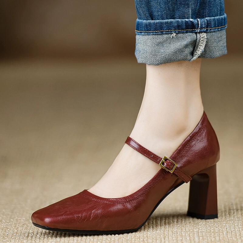 Giày Mary Jane nữ mũi vuông quai ngang phong cách cổ điển — Màu đen 5cm, Màu đen 7cm, Màu đỏ 5cm, Màu đỏ 7cm