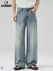 Muxi Clothing # Basic Versatile Washed Blue Vintage Trendy A-Line High-Waisted Jeans for Men and Women, Straight-Leg Pants.