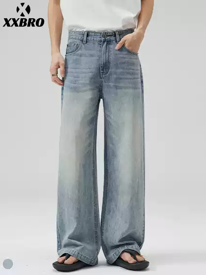 Muxi Clothing # Basic Versatile Washed Blue Vintage Trendy A-Line High-Waisted Jeans for Men and Women, Straight-Leg Pants.
