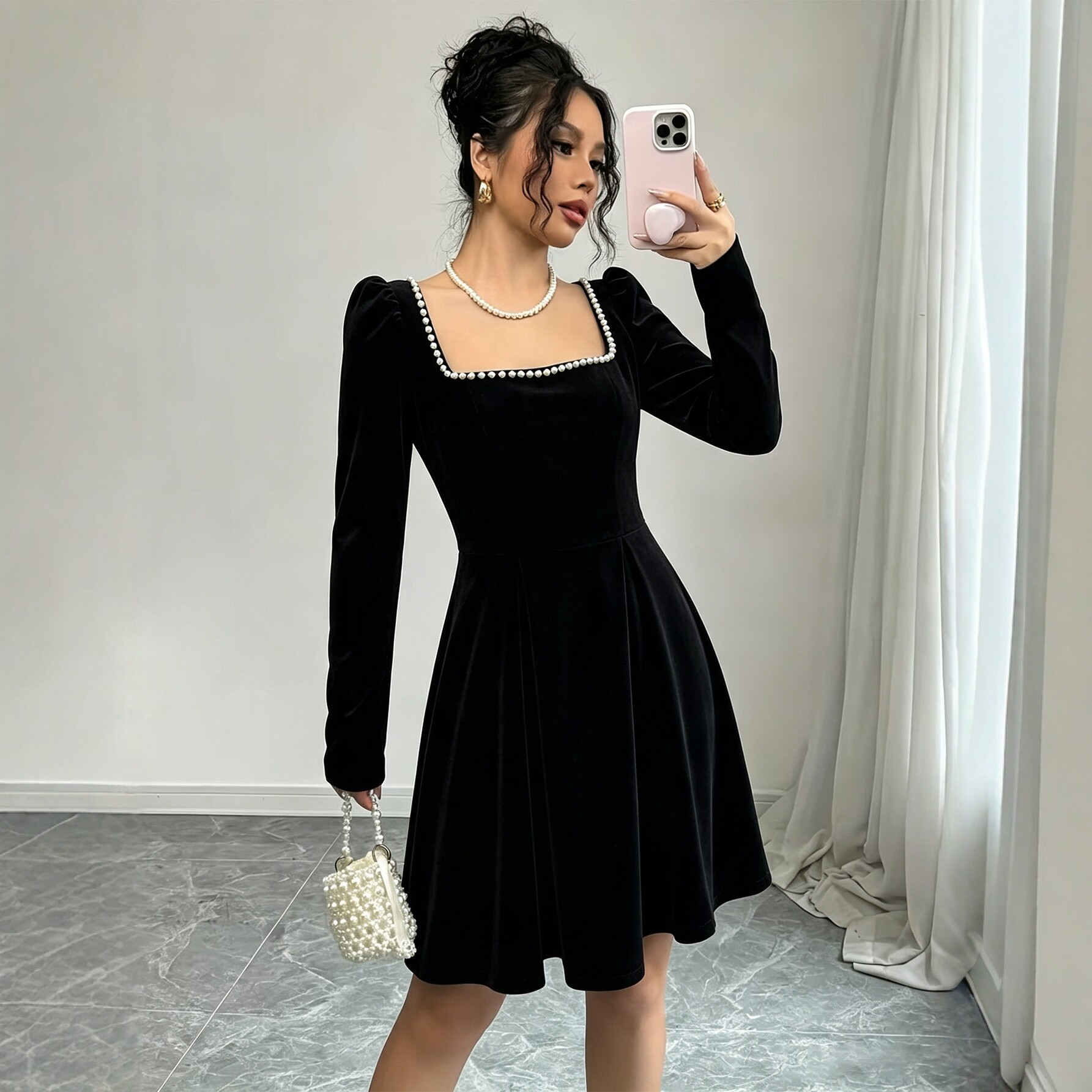French Vintage Velvet Square Neck Dress for Women Pearl Trim Waist Cinching A Line Silhouette Elegant Evening Wear