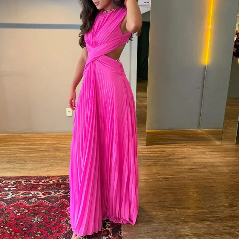 Summer Womens Dress Sexy Sleeveless Round Neck Crossed Pleats Backless Slim Fit Casual or Evening Wear