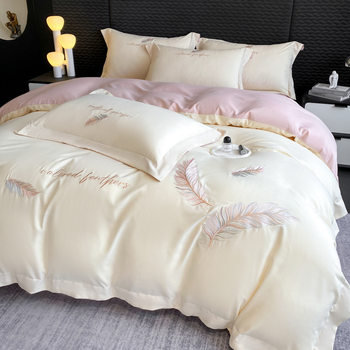 New Skin-Friendly Cotton Bed Set, Thickened Brushed Four-Piece Set, High-End Skin-Friendly Feather Embroidery Duvet Cover and Bed Sheet