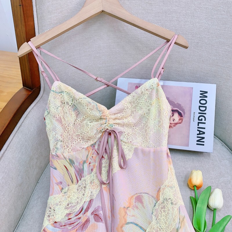 Đầm dây hoa in lãng mạn phối ren đuôi cá nữ — Màu hồng vàng phiên bản thông thường, Màu xanh vàng phiên bản thông thường