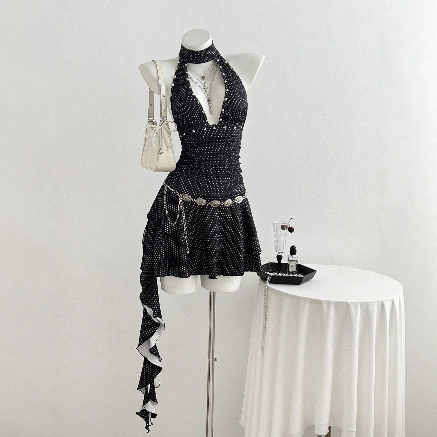 Polka Dot V Neck Halter Dress Slim Fit Waist Defining Elegant Style Perfect for Parties and Events Ready to Ship