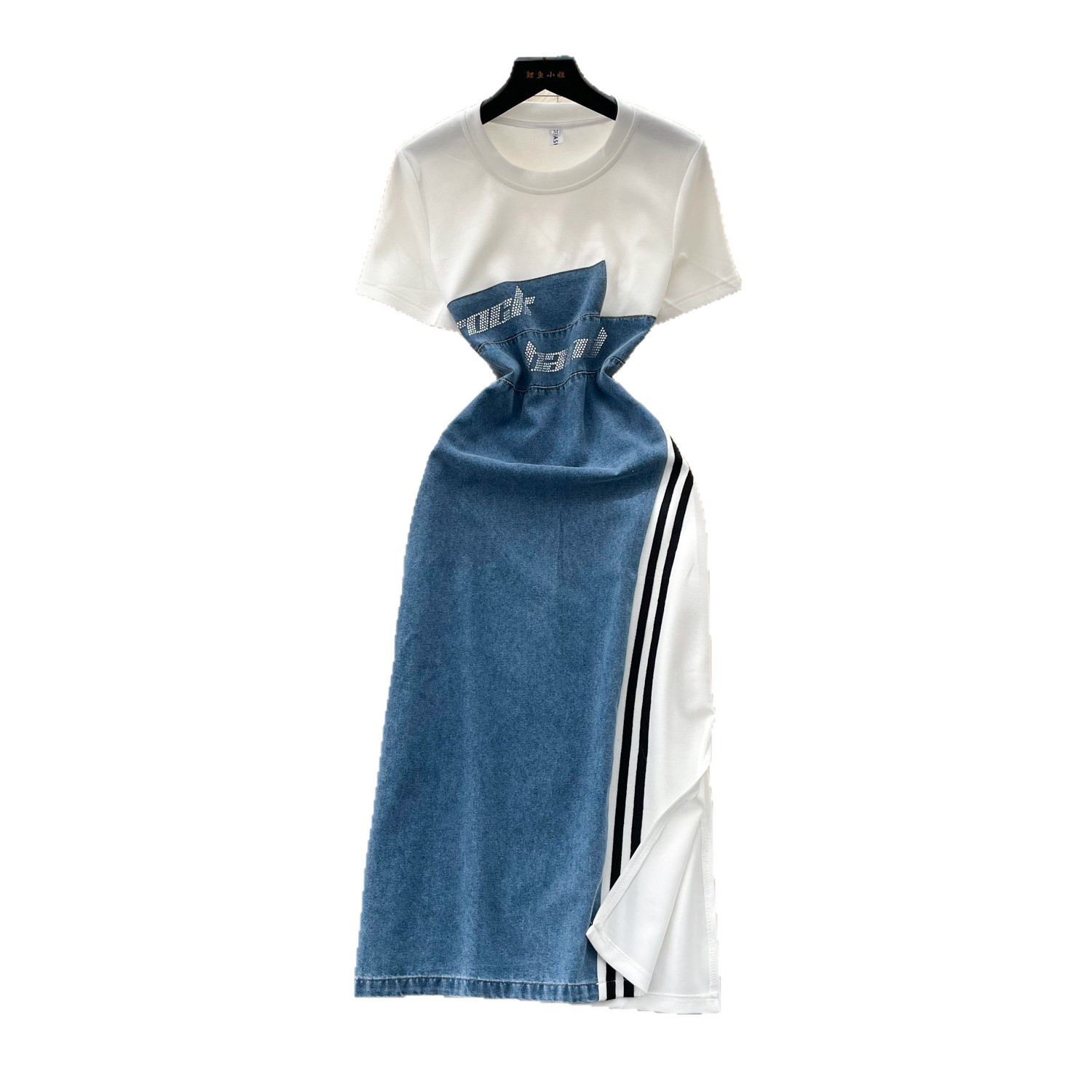 Korean Style Two Piece Look Round Neck Dress Summer Slim Fit Waist Defining A Line Denim Casual Office Wear