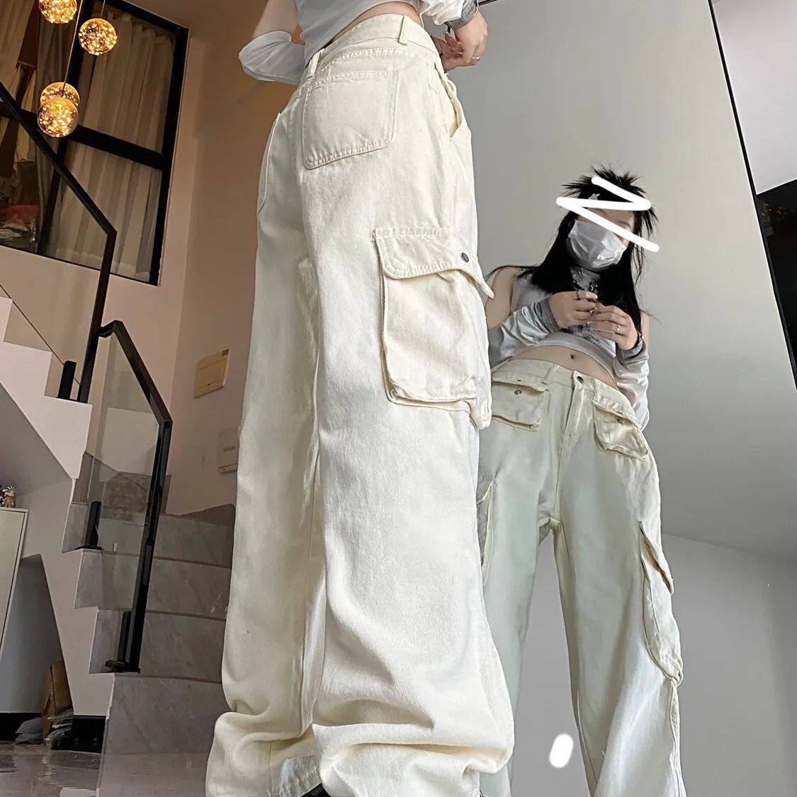 Womens White Cargo Pants Loose Fit Multi Pocket Design Flattering Wide Leg Trendy Autumn Wear Wholesale Available