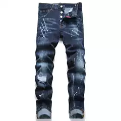 European and American 2025 spring punk men's jeans blue ripped cloth embroidery slim waist men's pants D4014