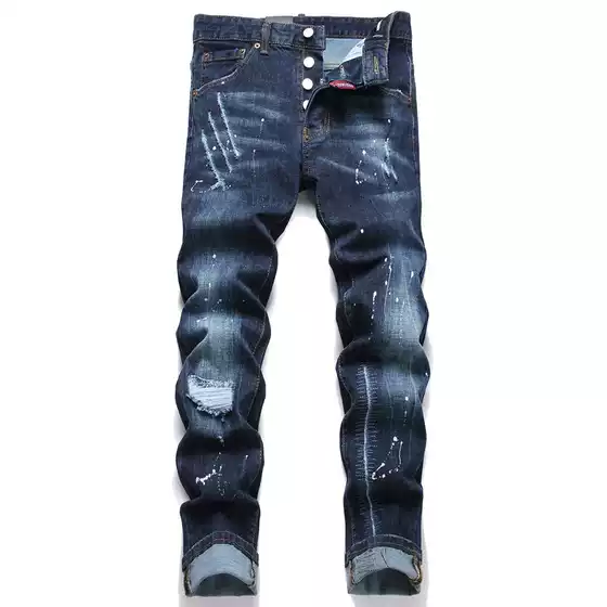 European and American 2025 spring punk men's jeans blue ripped cloth embroidery slim waist men's pants D4014
