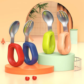 Children's Silicone Spoon 316 Stainless Steel Training Fork Spoon Baby Feeding Utensil Children's Tableware Set