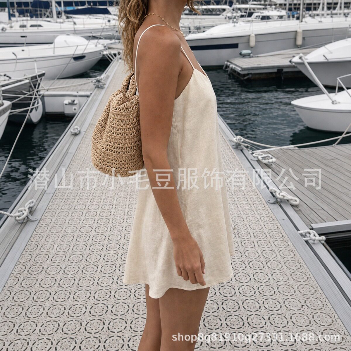 A Line Linen Dress V Neck Loose Fit Sleeveless Peach Color Beach Vacation Wear Wholesale Available