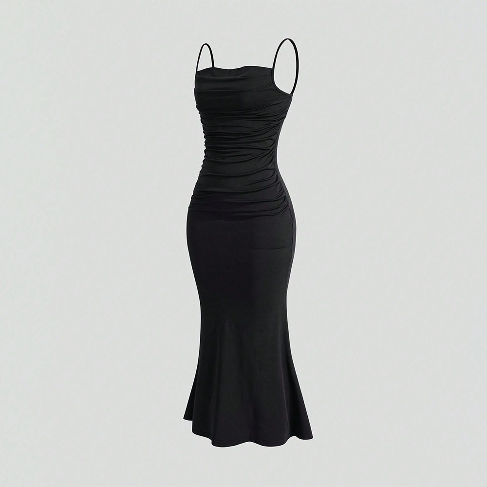 High Waist Bodycon Maxi Dress Adjustable Spaghetti Straps Tie Detail Mermaid Hem Spring Fashion for Elegant Occasions