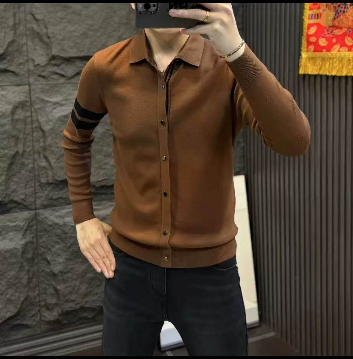 男士长袖针织衫假外套修身翻领毛织衬衫弹力休闲毛衣秋冬时尚上衣