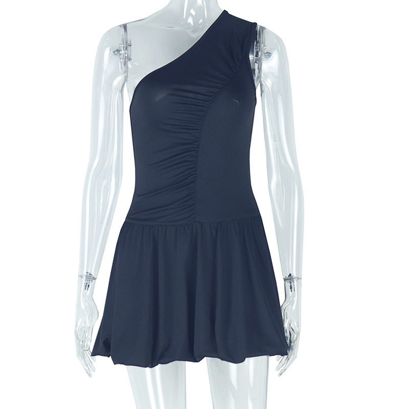 Off Shoulder Pleated Mini Dress Elegant Ruffle Hem Slim Fit Solid Color Fashionable for Parties and Events