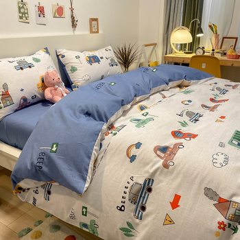 Boys' Car Children's four-piece cotton cartoon dormitory supplies cotton quilt cover fitted sheet three-piece set 1.35 m