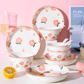 Dish Set for Home Use for Four People, Ceramic Tableware, Bowls and Chopsticks Set, Suitable for Microwave Oven