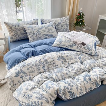 Class A maternal and child-grade double-layer yarn washed cotton four-piece set small fresh floral quilt cover student dormitory bed sheet three-piece set
