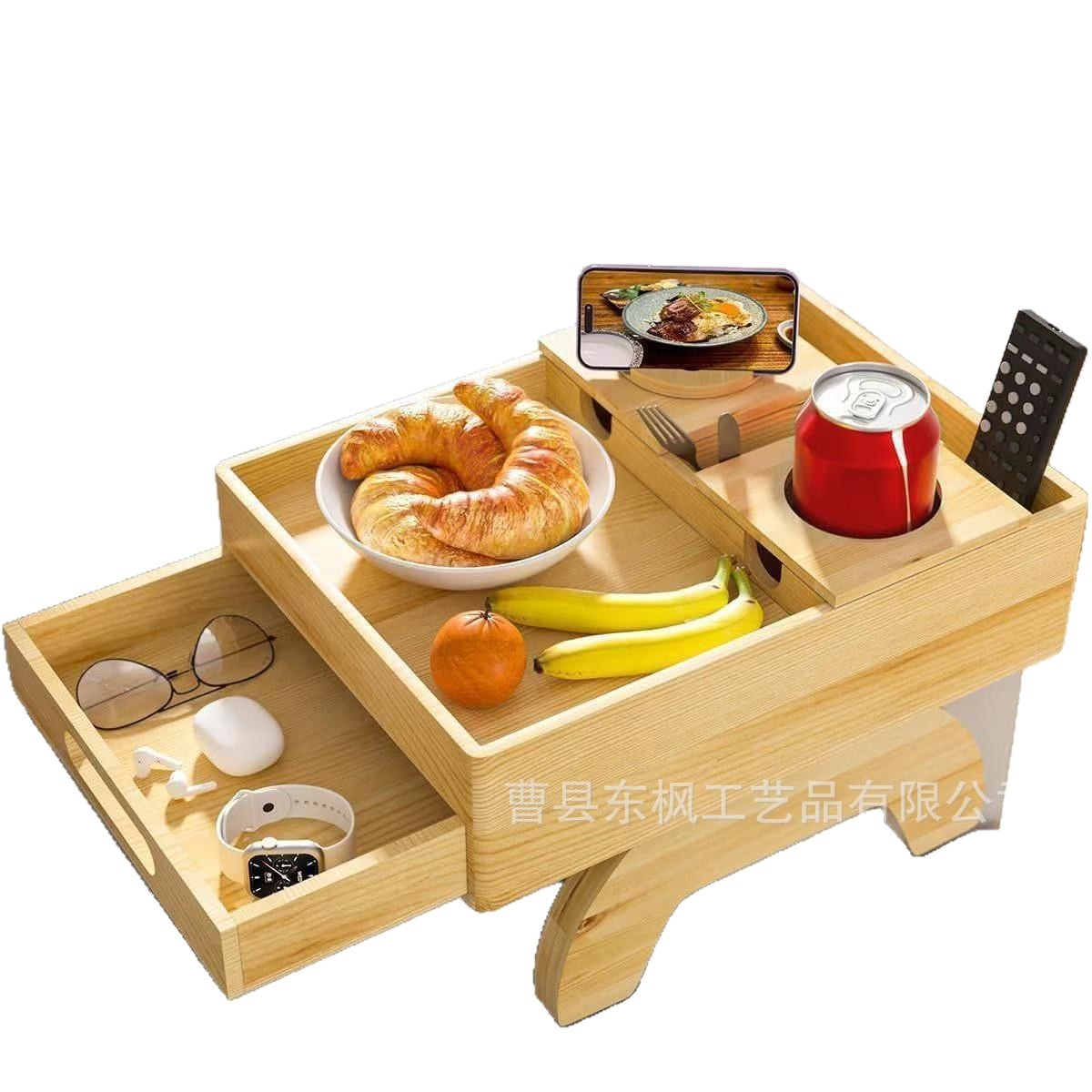 Wooden Sofa Armrest Tray Double-Layer with Drawer Lazy Snack Sundry Storage Tray with Mobile Phone Holder Cup Holder