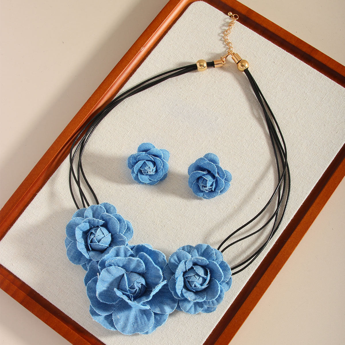 Cross-border Explosions Blue Retro Denim Multi-layer Rose Collar suit Fashion High-end Flower Earrings Necklace