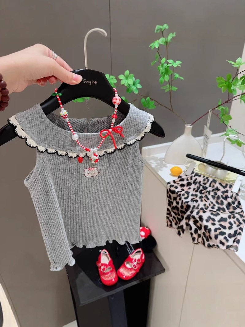 Girls' Summer Sleeveless Set, Leopard Print Shorts & Vest Two-Piece with Lace, Embroidered Cat Cartoon Leopard Print Outfit