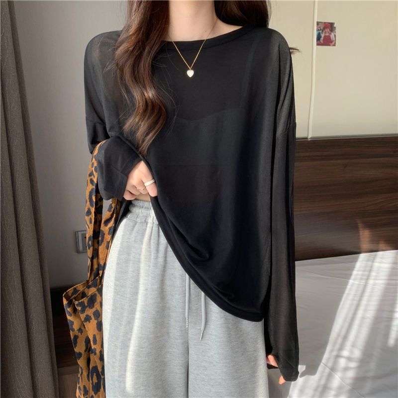 Womens Loose Fit Long Sleeve T Shirt Ice Silk Sun Protection Round Neck Versatile Style Summer Layering Top