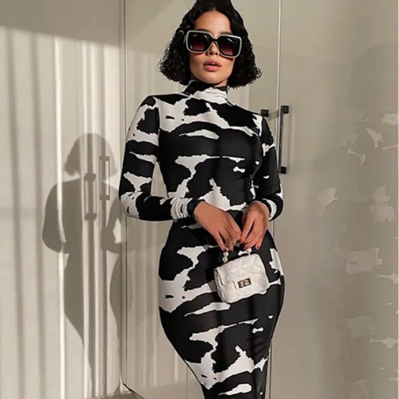 Fashionable Floral Print High Neck Long Sleeve Bodycon Dress for Women Spring Collection Wholesale Available
