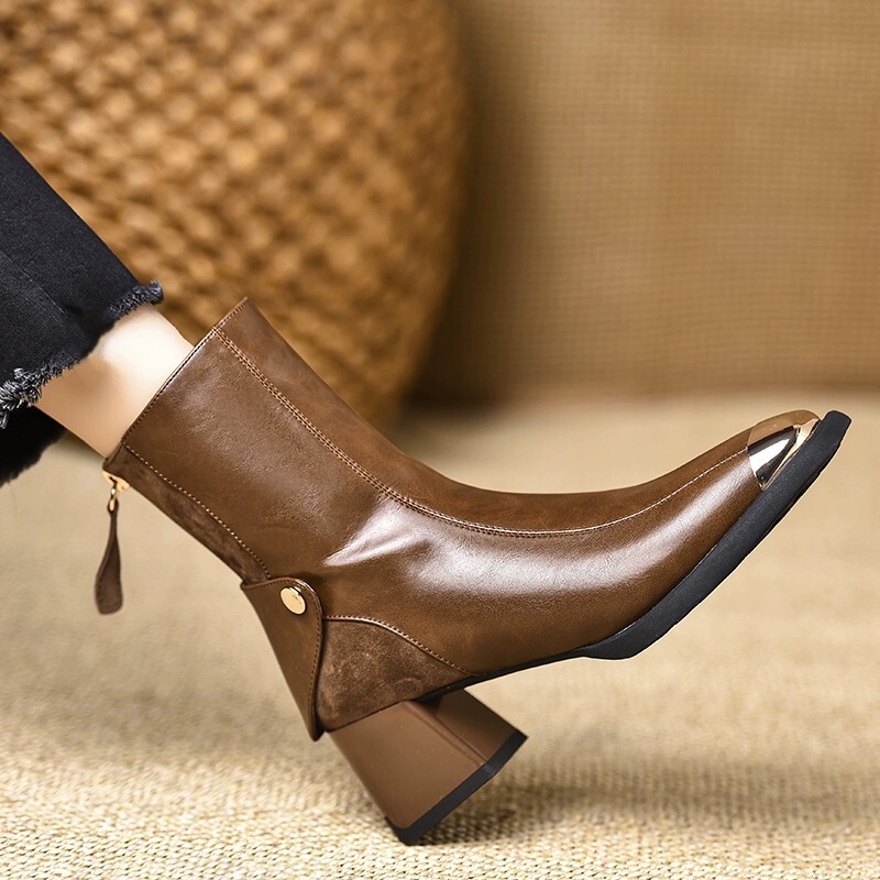 Boot nữ cổ thấp mũi vuông gót thô khóa kéo sau — Màu đen, Màu nâu