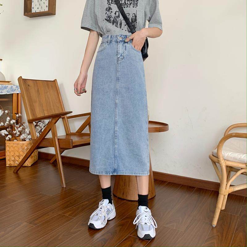 Vintage High Waisted Midi Denim Skirt Slim Fit Side Slit Casual Style Perfect for Spring and Summer Wholesale