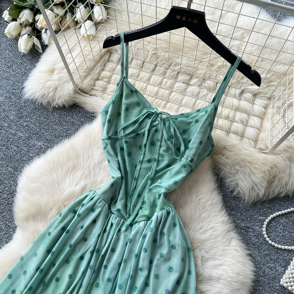 French Vacation Style Green Polka Dot Maxi Dress for Women High Waist Slim Fit Summer Essential Wholesale Available
