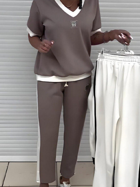 Amazon Casual Solid Color V-Neck Two-Piece Women's Sports Suit Wholesale