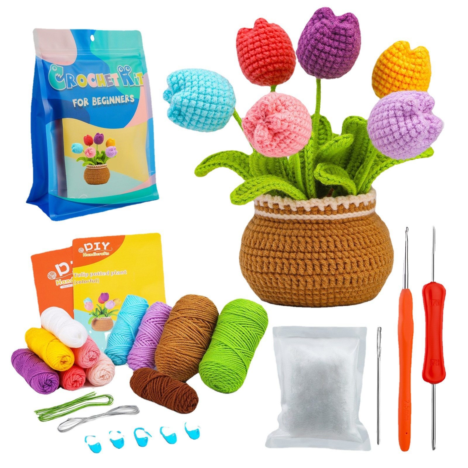 Amazon's Same Handmade Crochet Wool Knitting Bouquet Tulip Sunflower Large Potted Plant Decoration Material Package