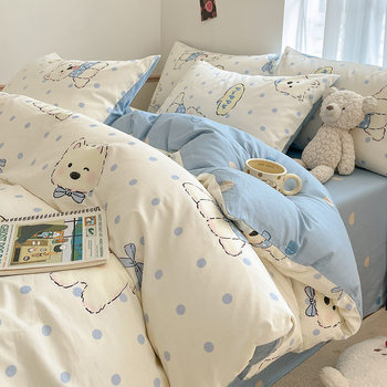 New Cotton Fresh Style Cartoon Girl's Heart Cotton Four-piece Set Cute Bed Sheet Quilt Cover Student Dormitory Three-piece Set
