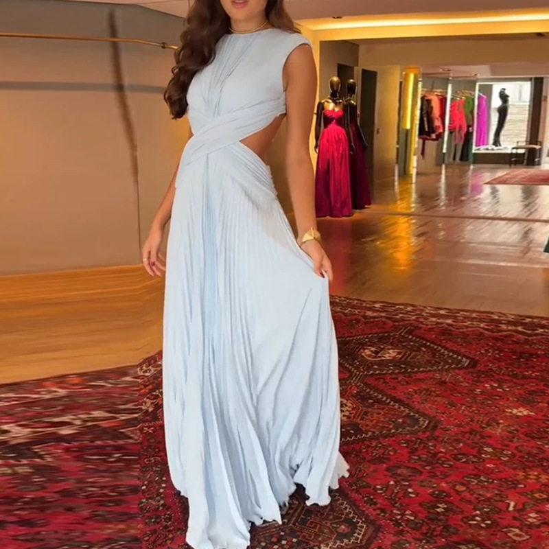 Summer Womens Dress Sexy Sleeveless Round Neck Crossed Pleats Backless Slim Fit Casual or Evening Wear