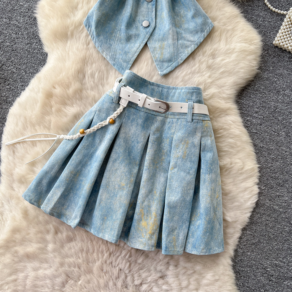Korean Style V Neck Sleeveless Denim Vest Set Slim Fit Waist Belt Summer Fashion Perfect for Office or Casual Wear
