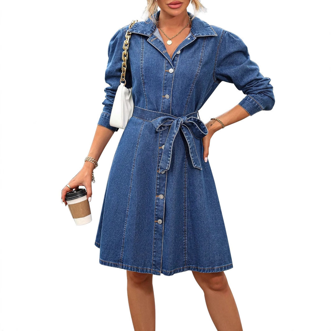 Vintage Slim Fit Long Sleeve Denim Dress for Women Waist Defining Elegant Style Perfect for Casual Outings Wholesale