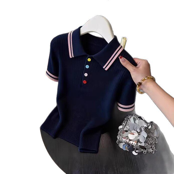 巨好看绝美小个子漂亮polo领撞色针织短袖女彩色扣子显瘦气质上衣