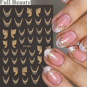 Fullbeauty Cross-Border New Nail Art Stickers with Gold-Edged Glitter Powder French Line Butterfly Flower Adhesive Nail Stickers