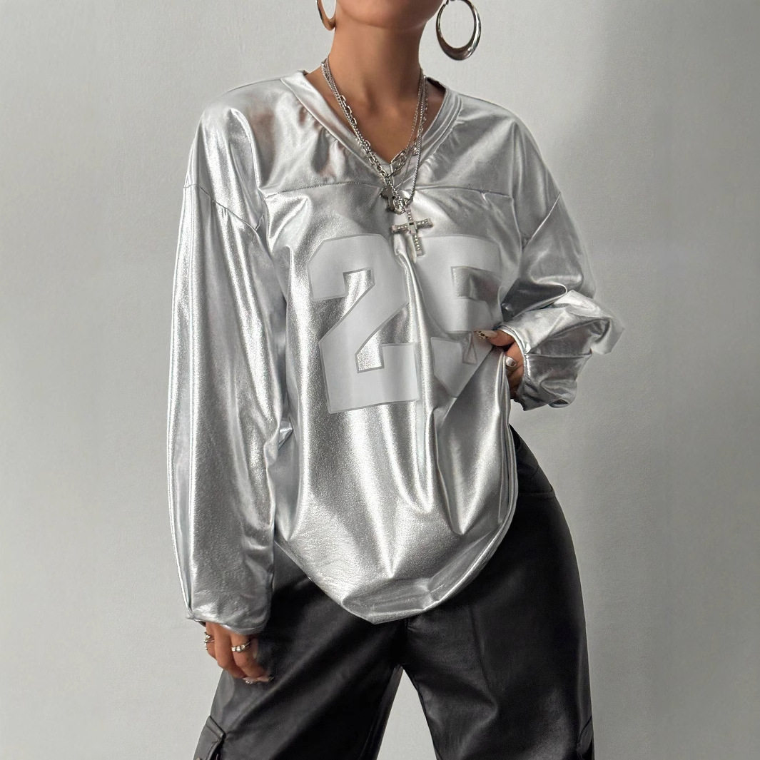 Womens Casual Long Sleeve V Neck Top Letter Print Street Style Trendy Design Perfect for Everyday Wear Wholesale
