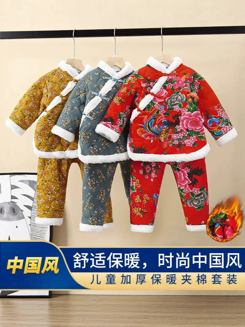 Girls' Winter Cotton Jacket, Viral Floral Print Padded Set, Baby Spring Festival Outfit, Thickened Northeast Style Floral Cotton Coat Set